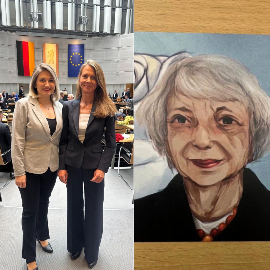 l.: Olga Gauks MdA und Stefanie Bung MdA
r.: Porträt Margot Friedländer l.: Olga Gauks MdA und Stefanie Bung MdA
r.: Porträt Margot Friedländer